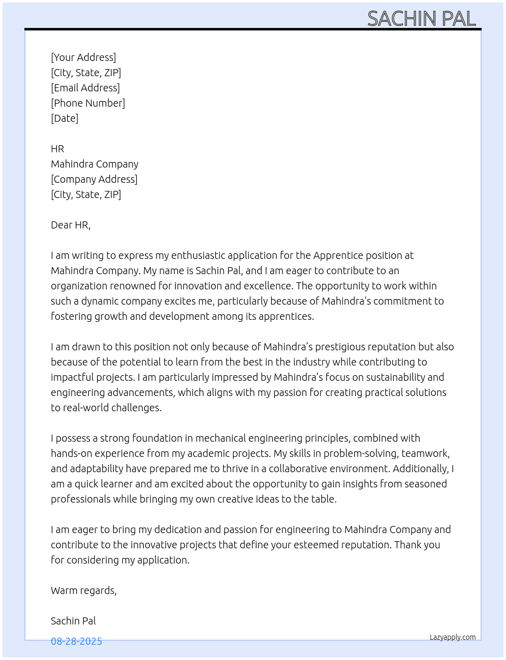 Apprentice  At Mahendra company  Cover Letter