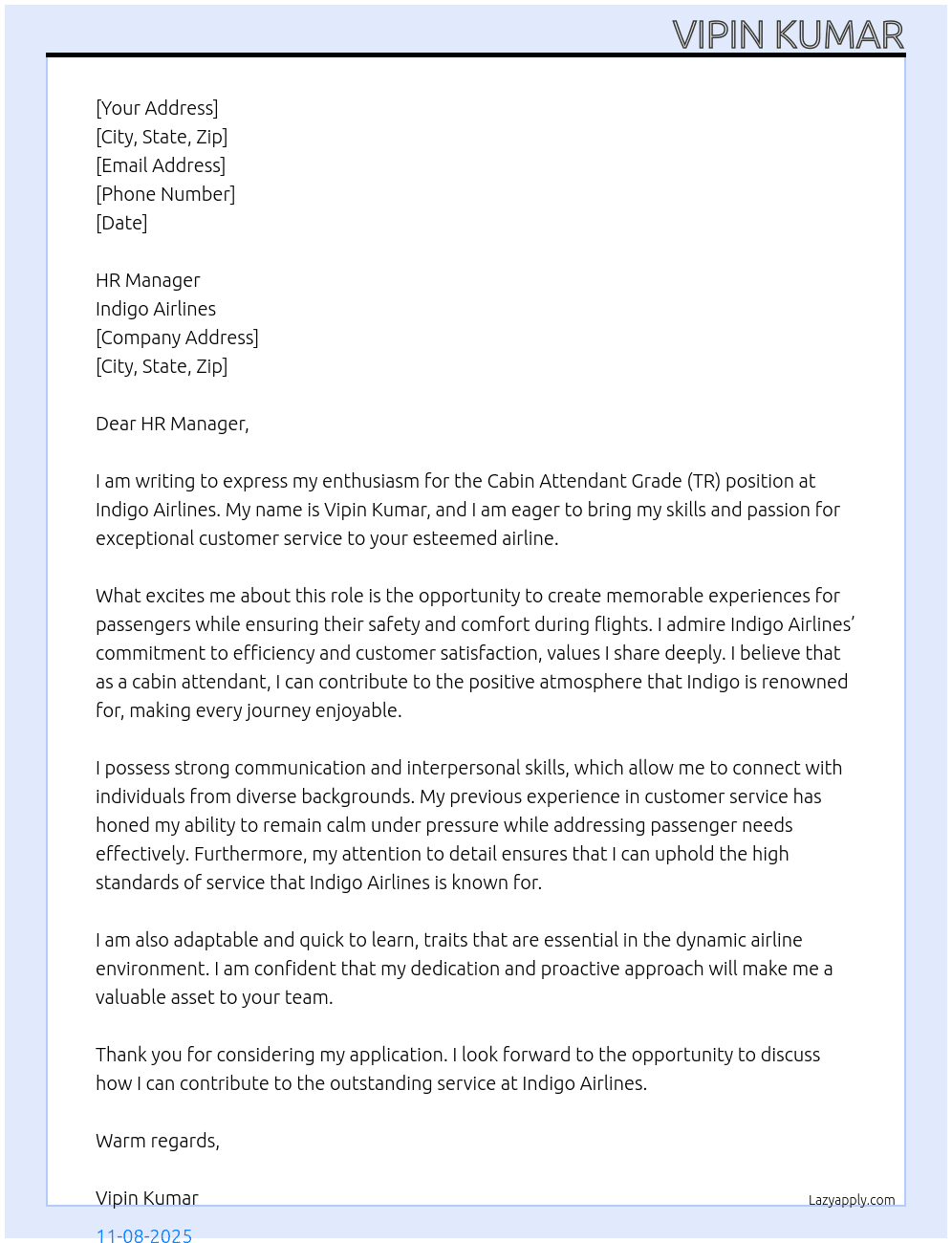 Cabbin attendant grade (tr) At Indigo Airlines  Cover Letter