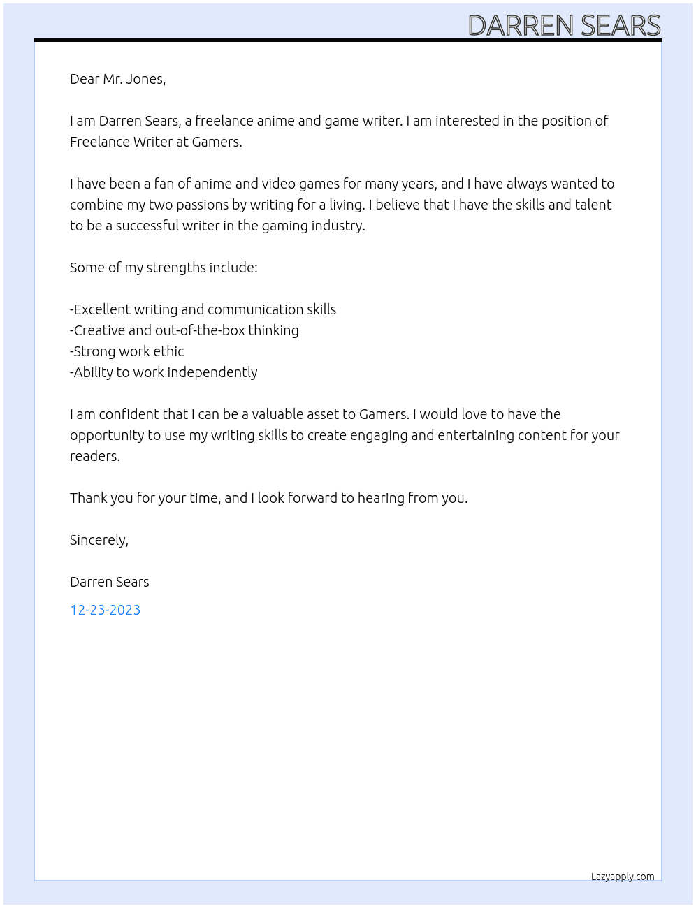 Freelance anime and game writer At Gamers Cover Letter