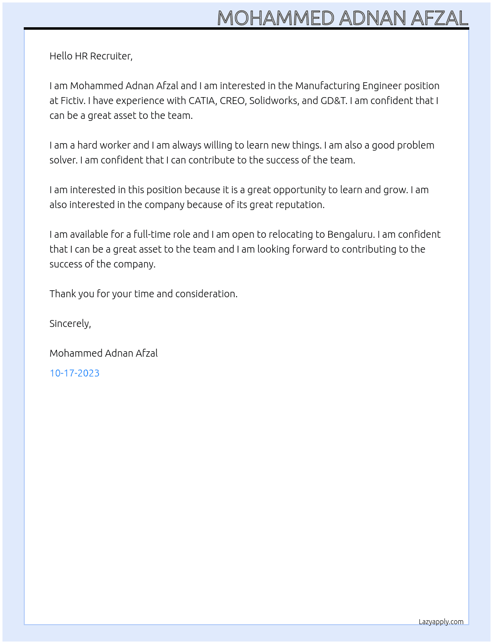 Manufacturing Engineer  At Fictiv Cover Letter