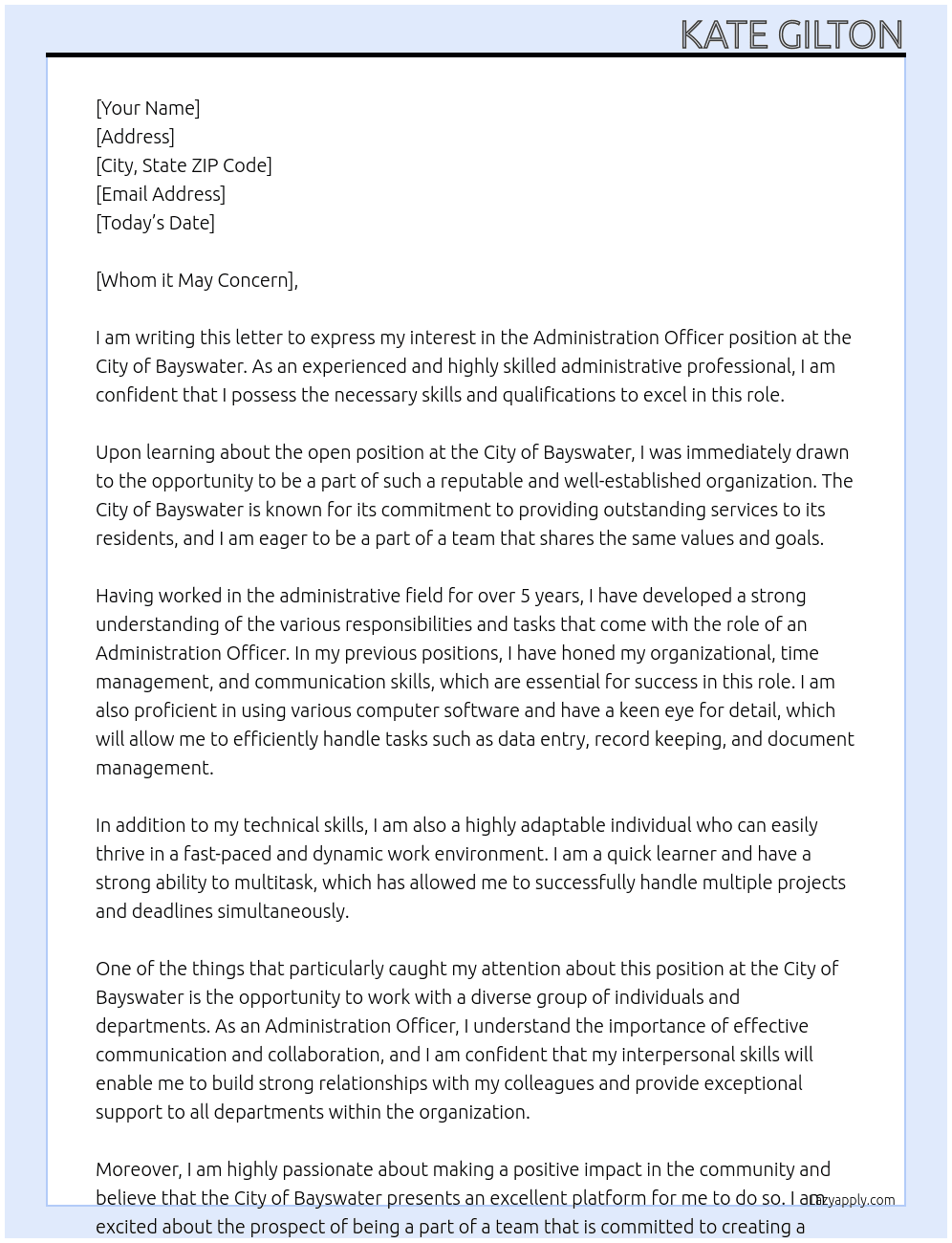 Administration officer At City of Bayswater Cover Letter