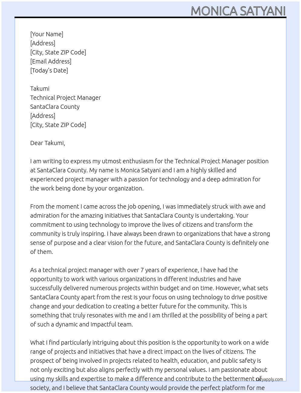 Technical Project Manager At SantaClara County Cover Letter