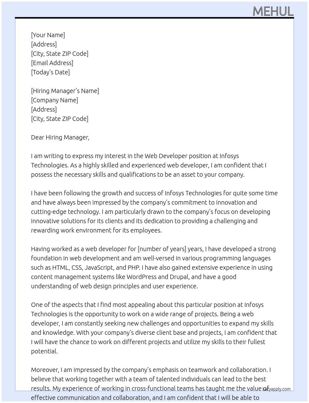 web developer At infosys technologies Cover Letter