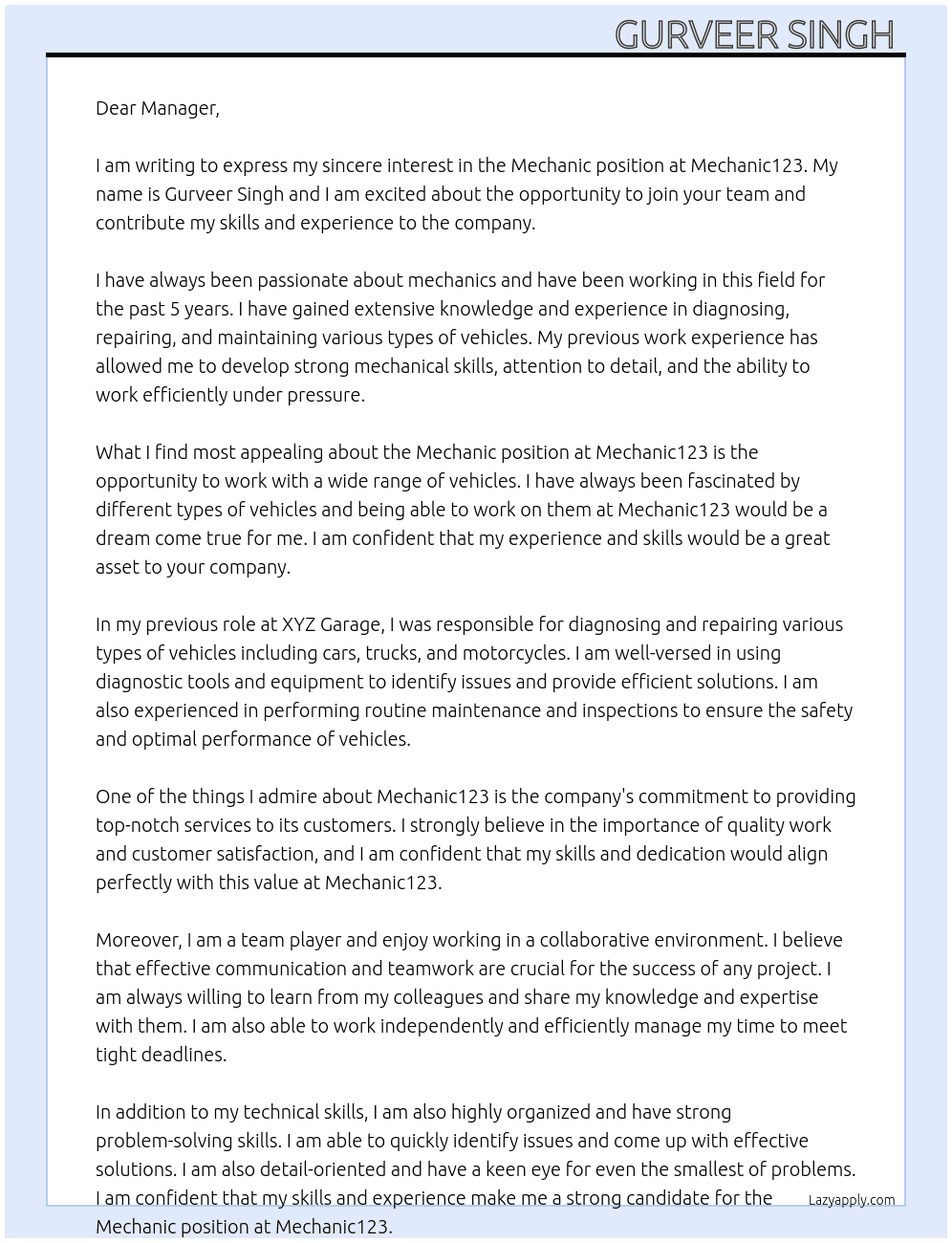 Mechanic At Mechanic123 Cover Letter