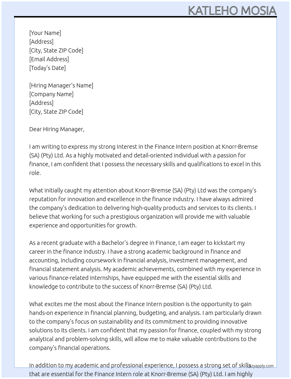 Finance Intern At Knorr-Bremse (SA) (Pty) Ltd Cover Letter