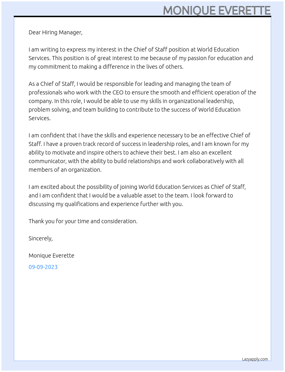 Chief of staff At World Education Services Cover Letter