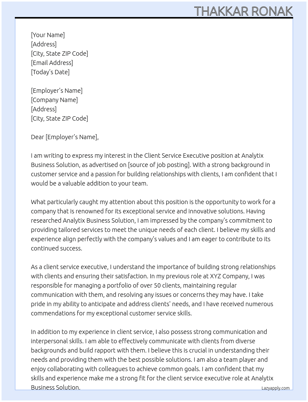 Client service executive At Analytix Business Solution Cover Letter