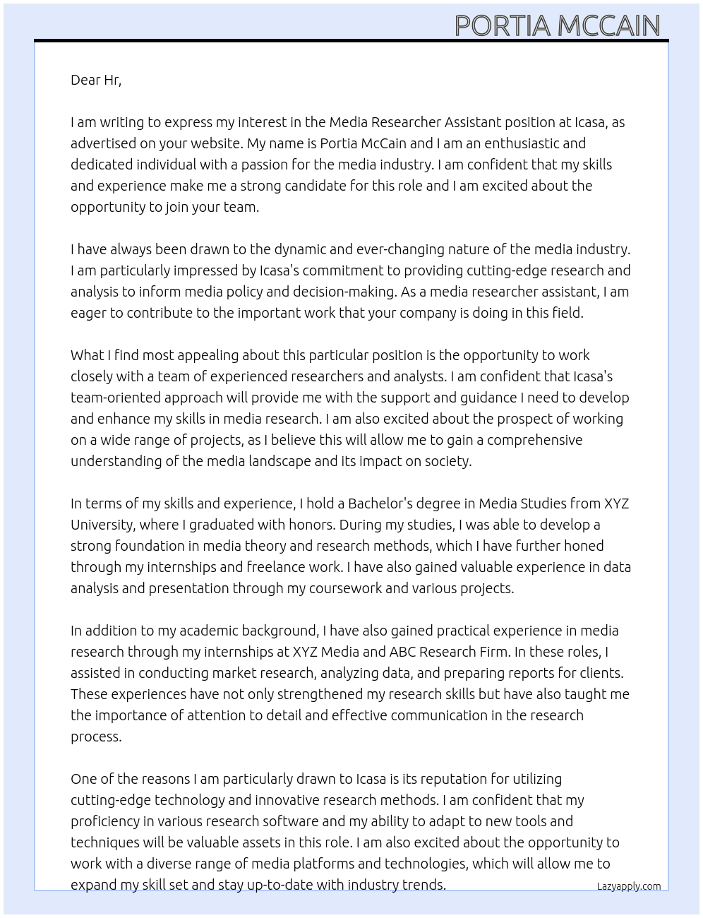 Media researcher assistant  At Icasa Cover Letter