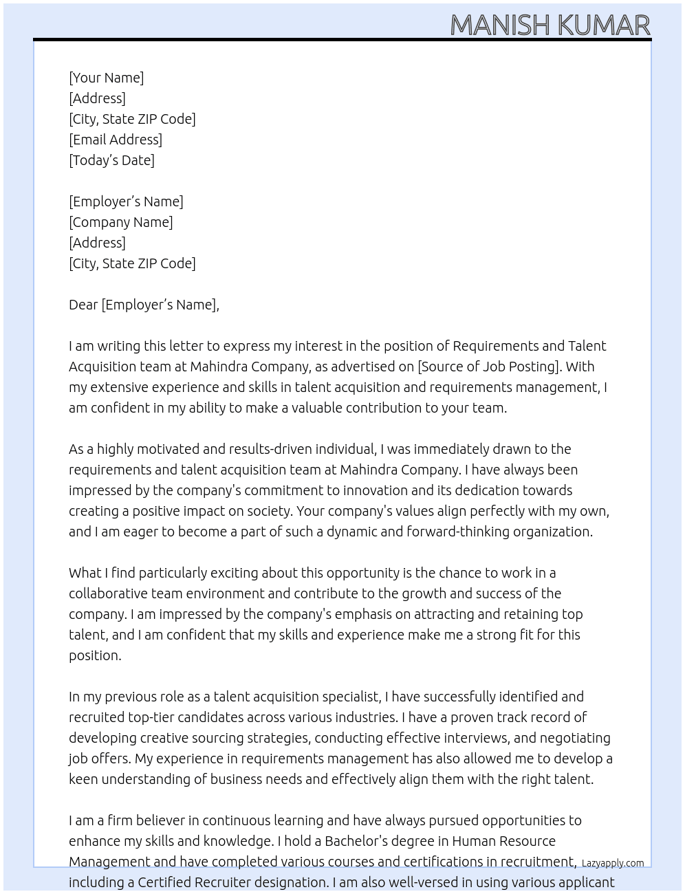 Requirements and Talent Acquisition team  At Mahindra Company  Cover Letter