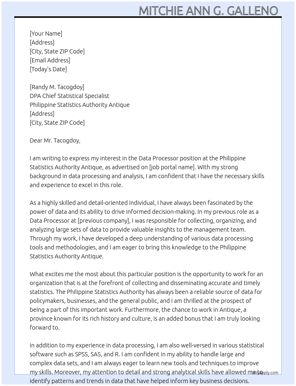 Data Processor  At Philippine Statistics Authority Antique  Cover Letter