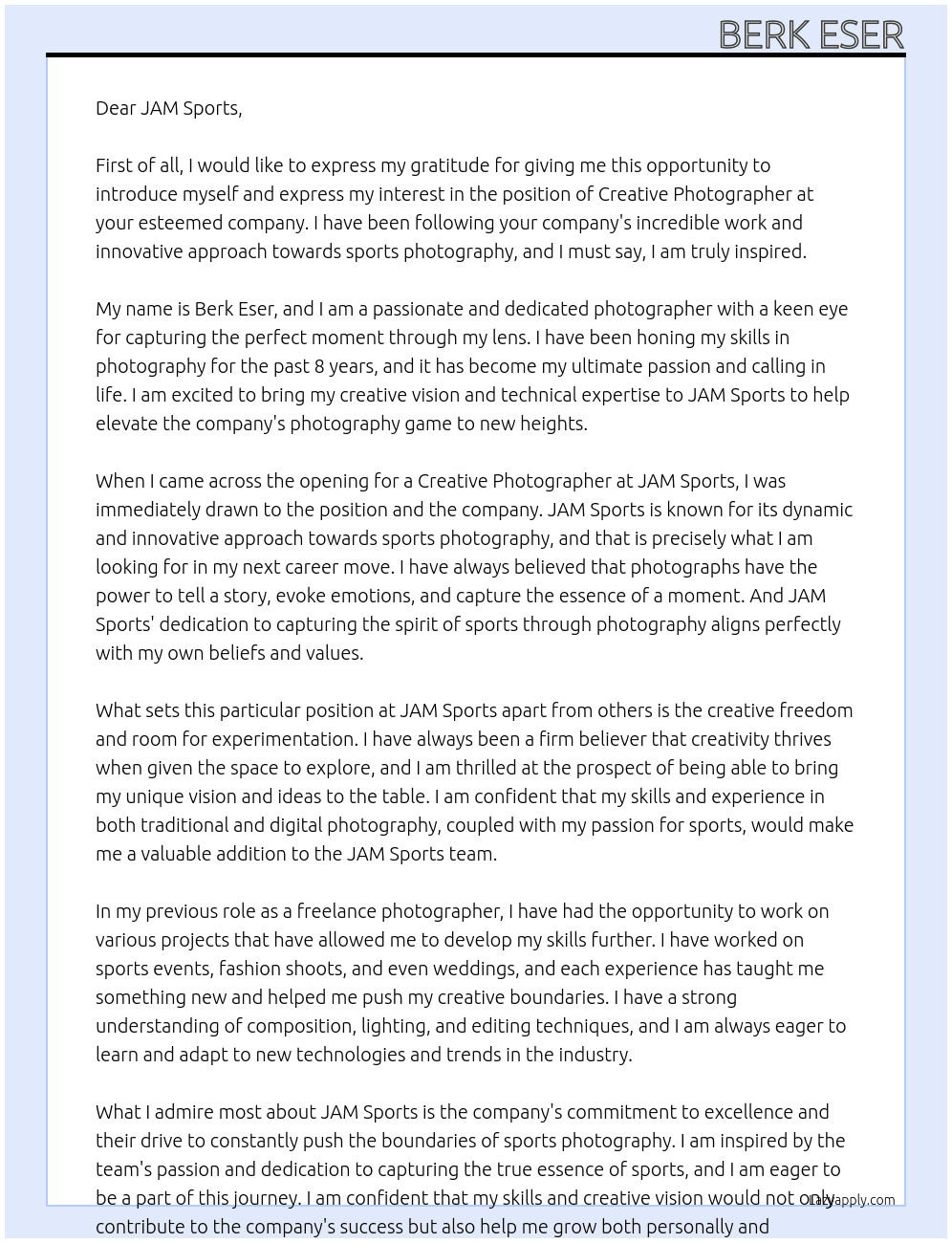 creative photographer At JAM Sports Cover Letter