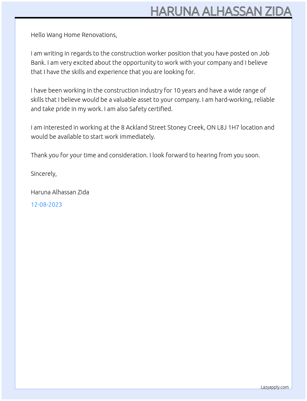 Construction worker At Job Bank #2632217 Cover Letter