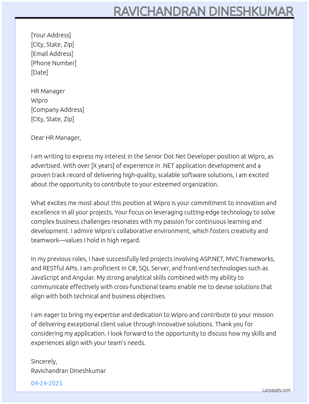 Cover letter for senior dot net developer - LazyApply
