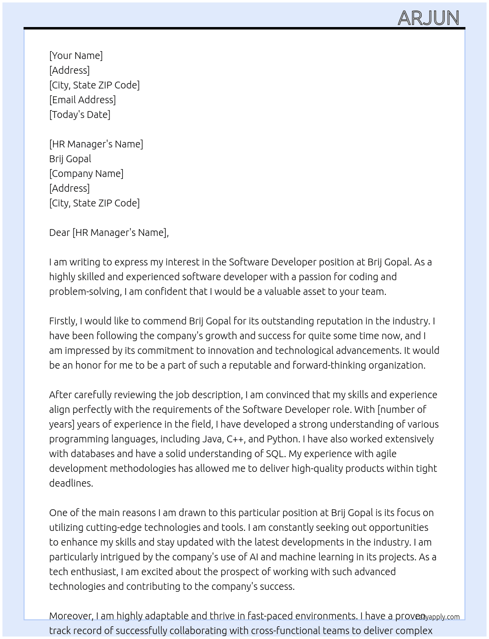 Software Developer  At Brij gopal  Cover Letter