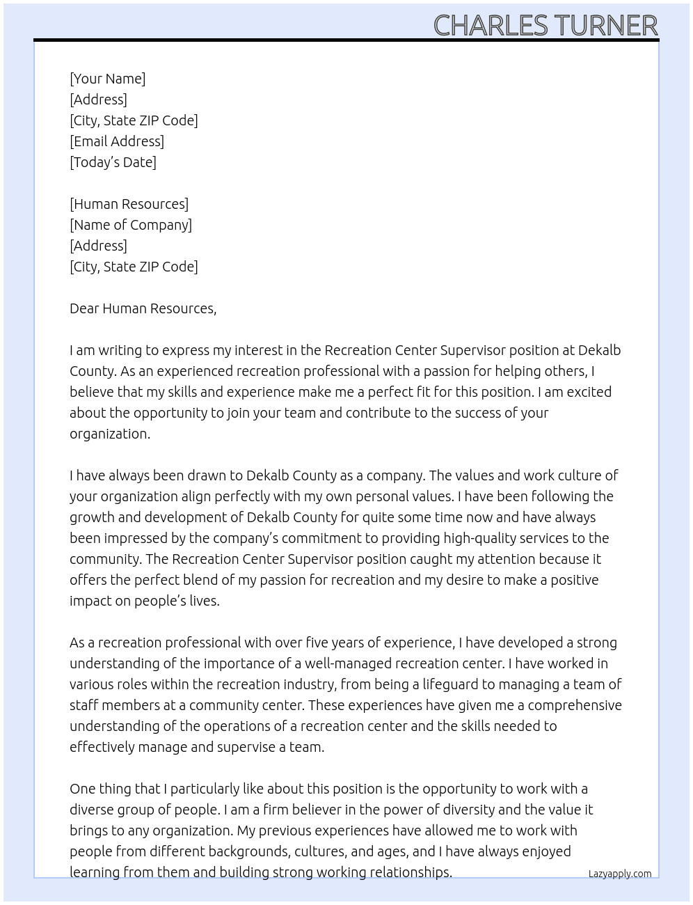 Recreation Center Supervisor At Dekalb  County  Cover Letter