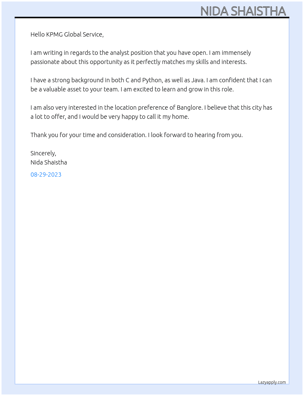 Analyst  At KPMG Global service  Cover Letter