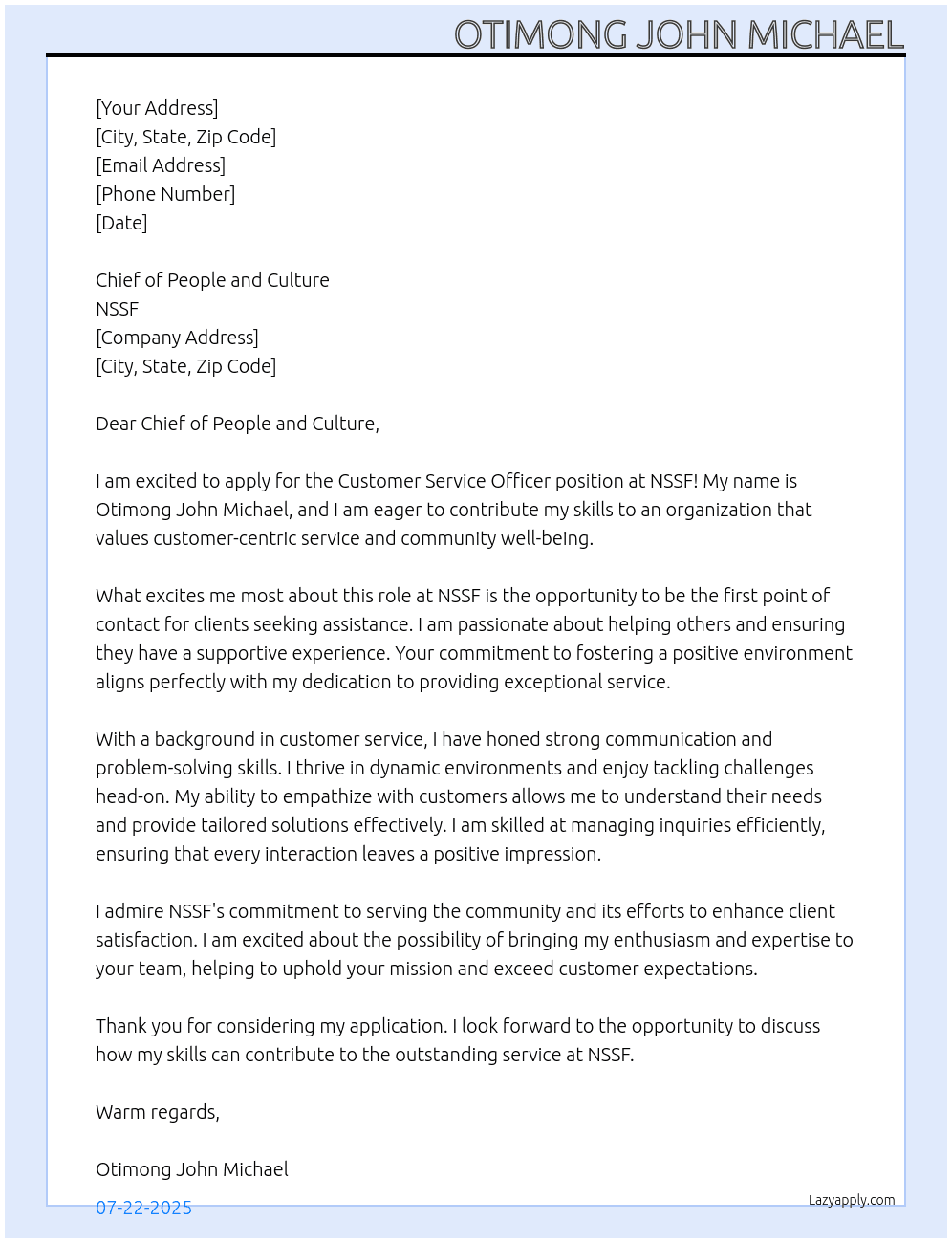 customer service officer At NSSF Cover Letter