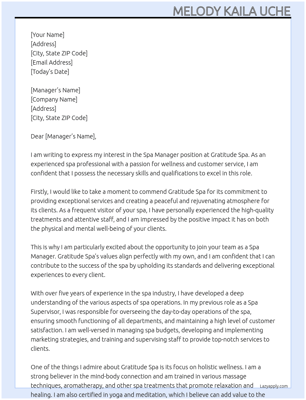 Spa manager  At Gratitude spa Cover Letter