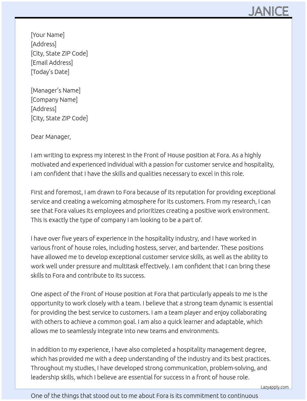 Front of house  At Fora Cover Letter