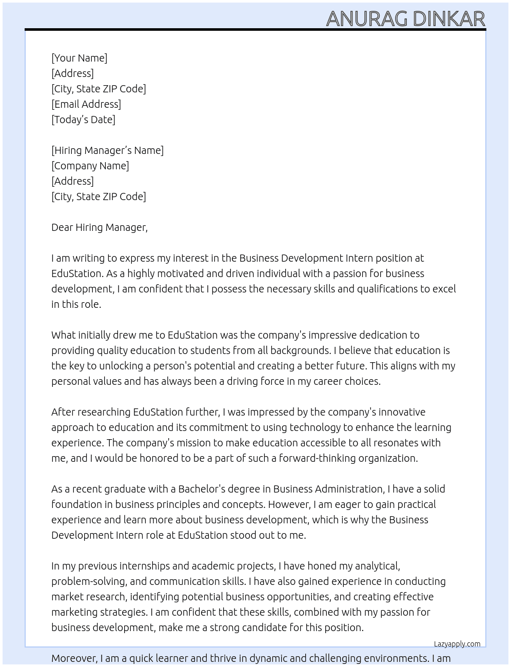 Business Development Intern At EduStation Cover Letter