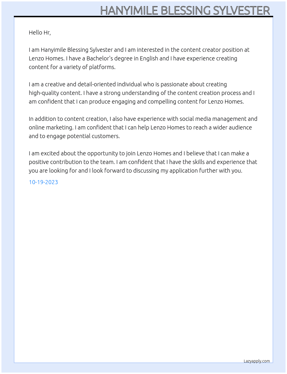 Content Creator  At Lenzo Homes Cover Letter