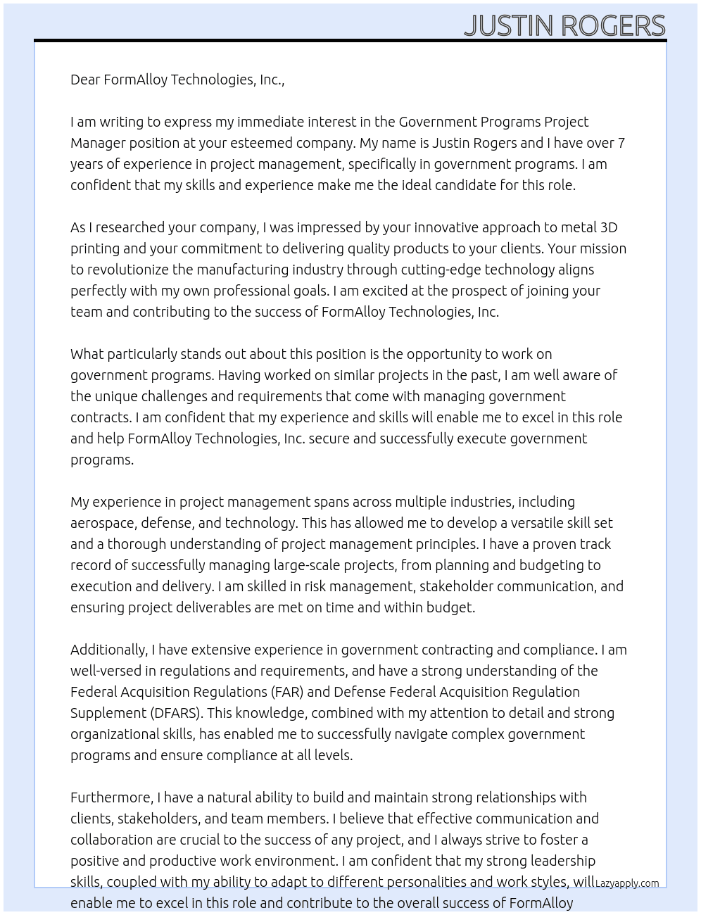 Government Programs Project Manager At FormAlloy Technologies, Inc. Cover Letter