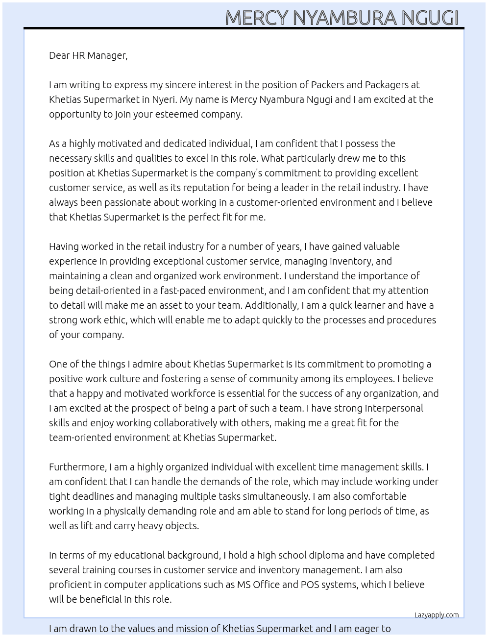 Packers and packagers  At Khetias  supermarket,Nyeri  Cover Letter