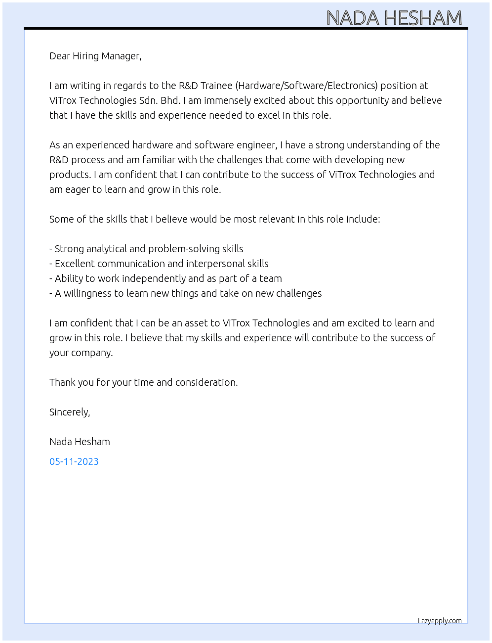 R&D Trainee (Hardware/Software/Electronics) At ViTrox Technologies Sdn. Bhd. Cover Letter