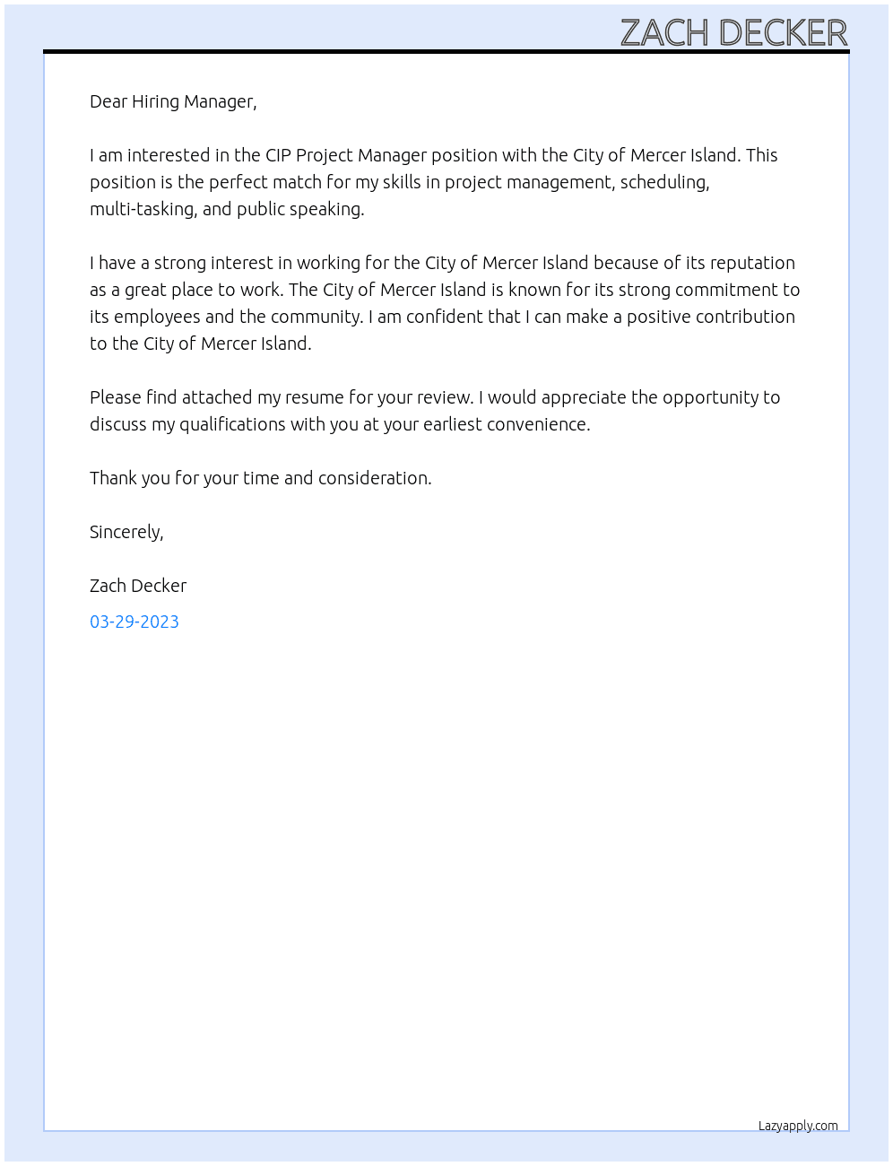 CIP Project Manager At City of Mercer Island Cover Letter
