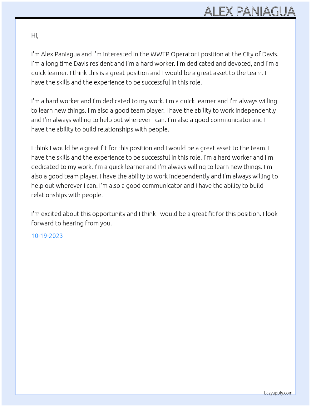 WWTP Operator I At City of Davis, Public Works Department Cover Letter
