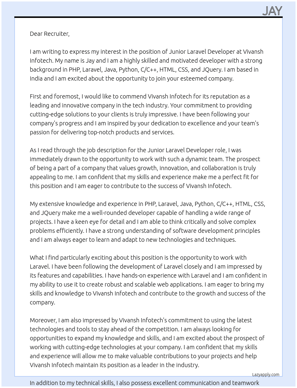 Junior Laravel Developer At Vivansh Infotech Cover Letter