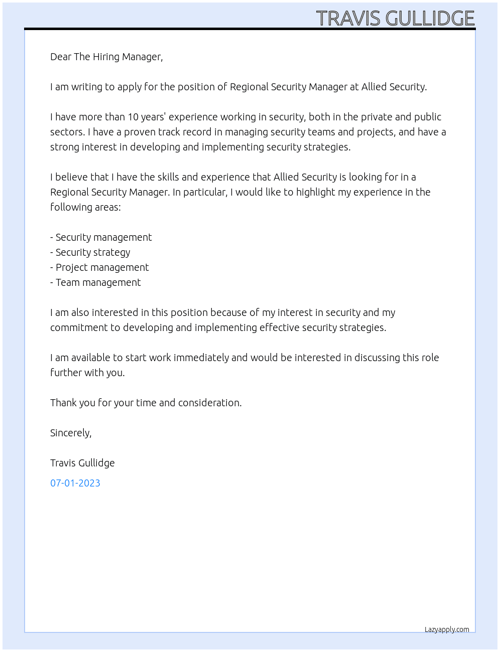 Regional Security Manager At Allied Security Cover Letter