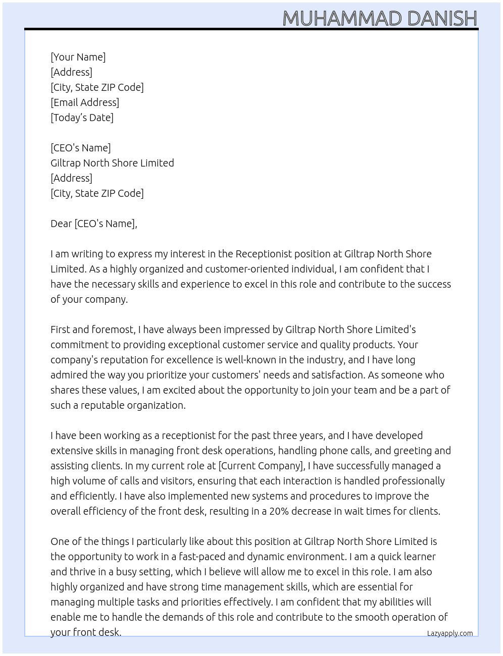 Receptionist At Giltrap North Shore Limited Cover Letter