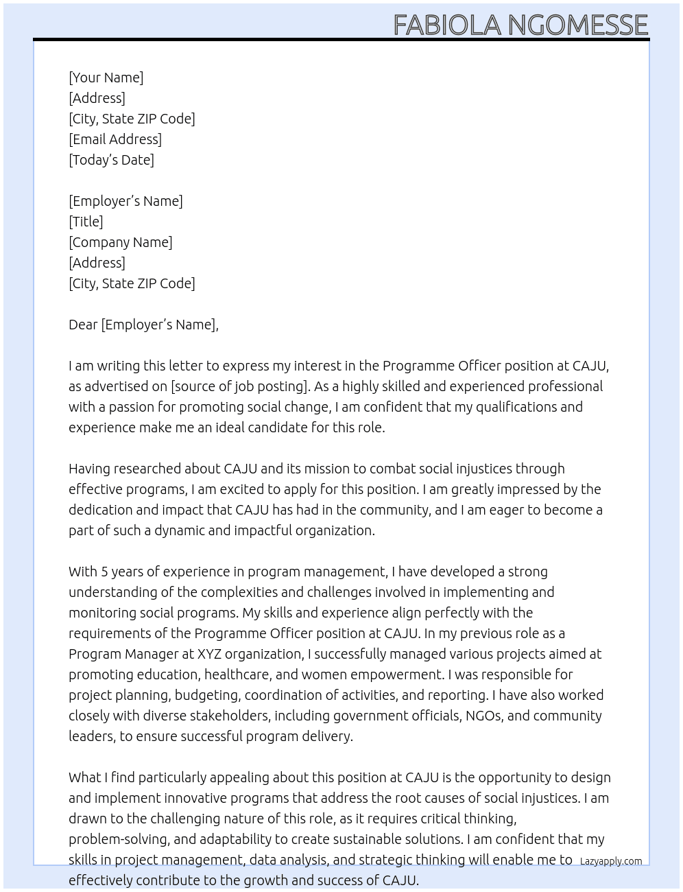 Programme Officer At CAJU Cover Letter