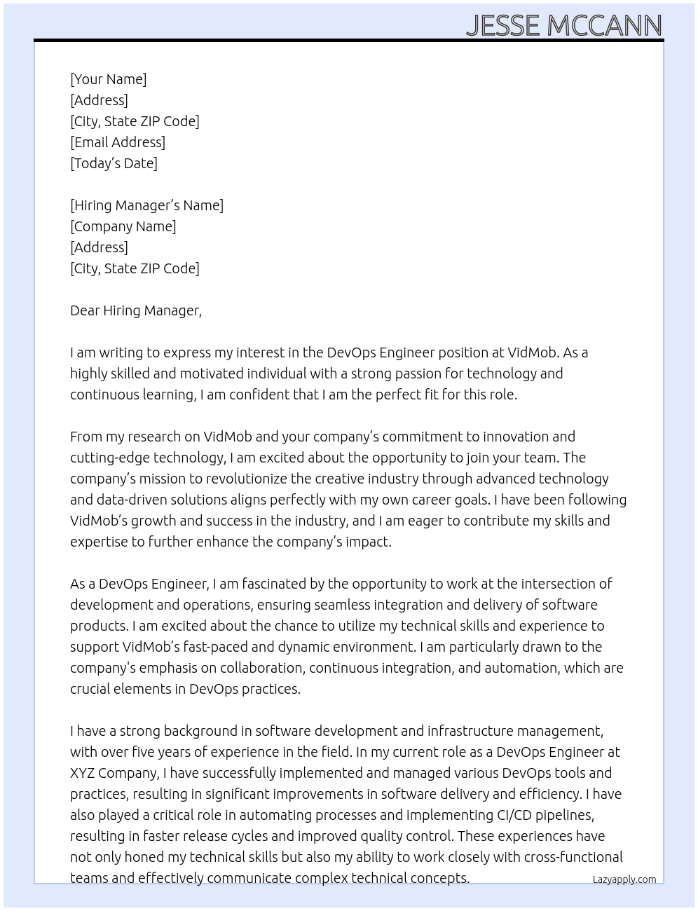 DevOps Engineer At VidMob Cover Letter