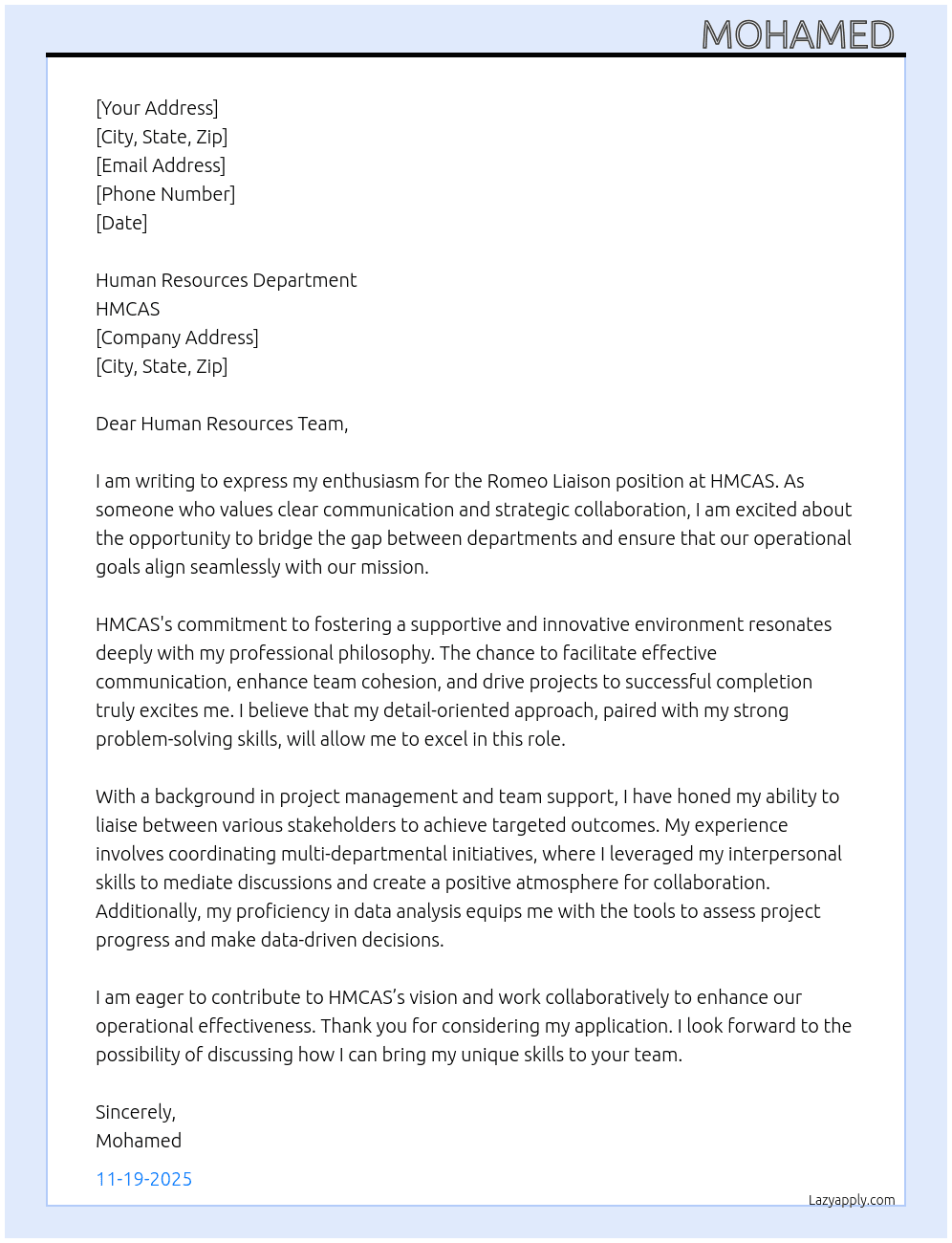 Romeo liaison  At HMCAS Cover Letter