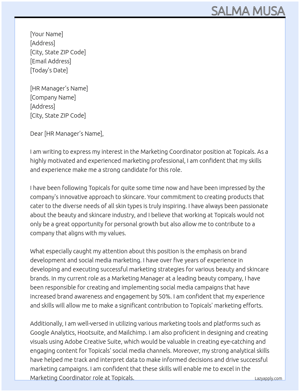 Marketing Coordinator At Topicals  Cover Letter
