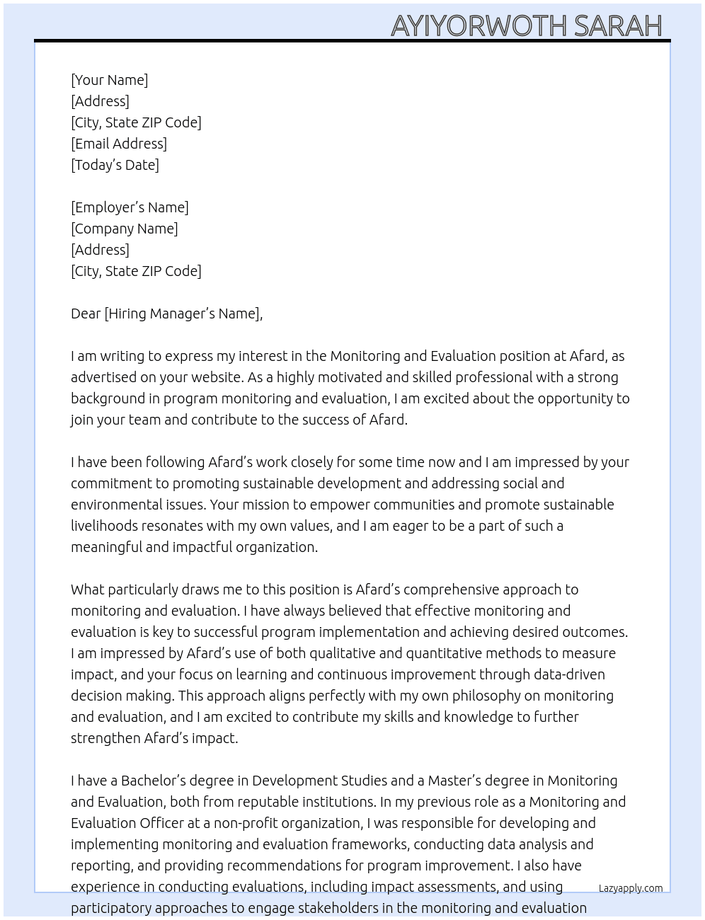 Monitoring and evaluation  At Afard Cover Letter