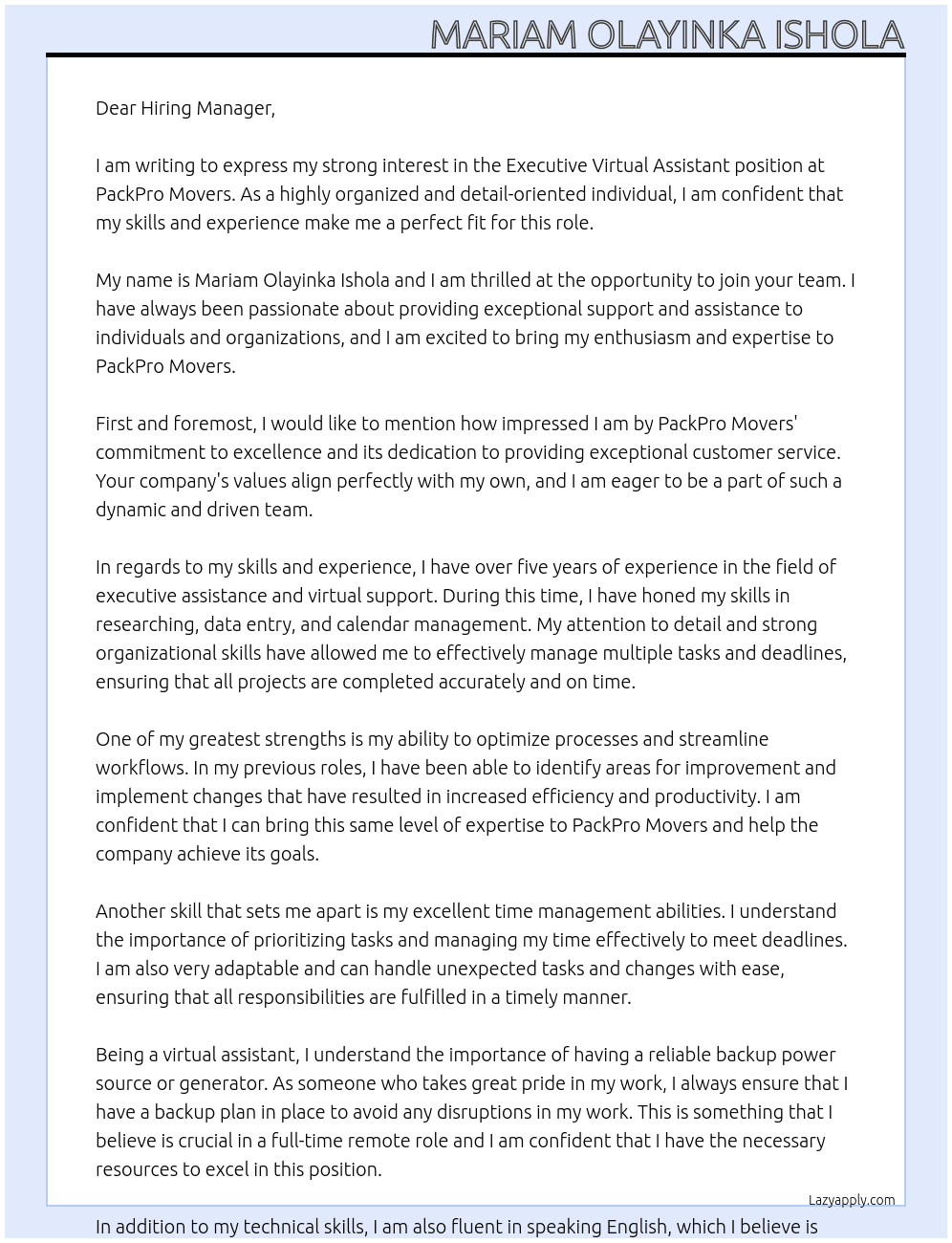 Executive Virtual Assistant At PackPro Movers Cover Letter