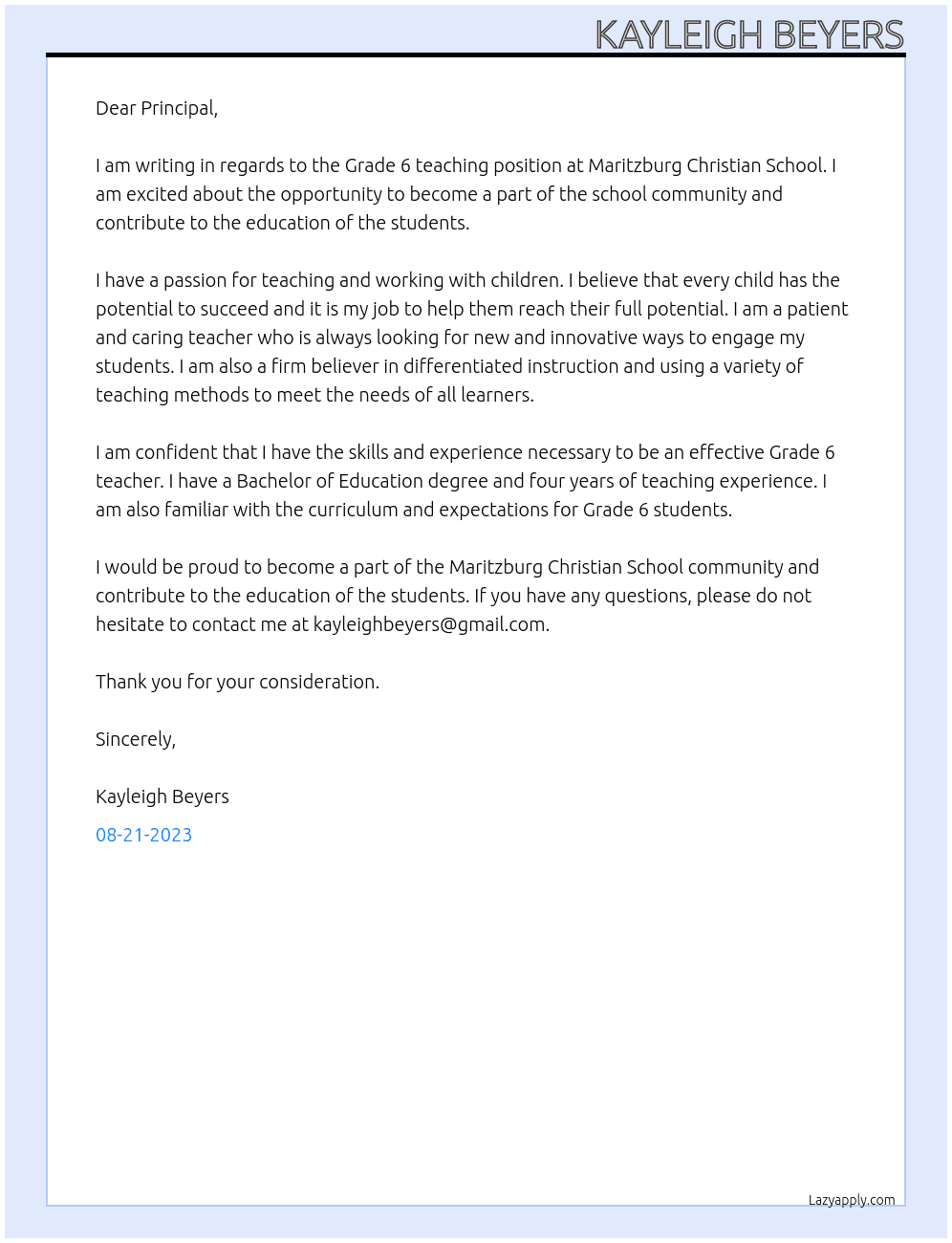 Grade 6 teacher At Maritzburg Christian School Cover Letter