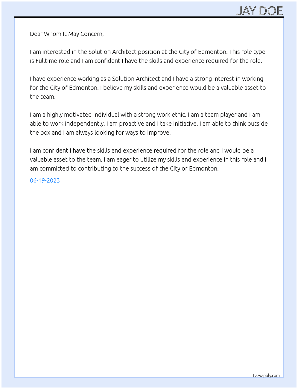 Solution Architect At City of Edmonton Cover Letter