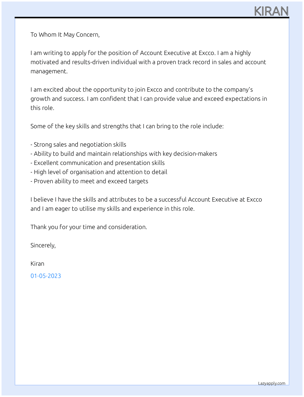 Account Executive At Excco Cover Letter