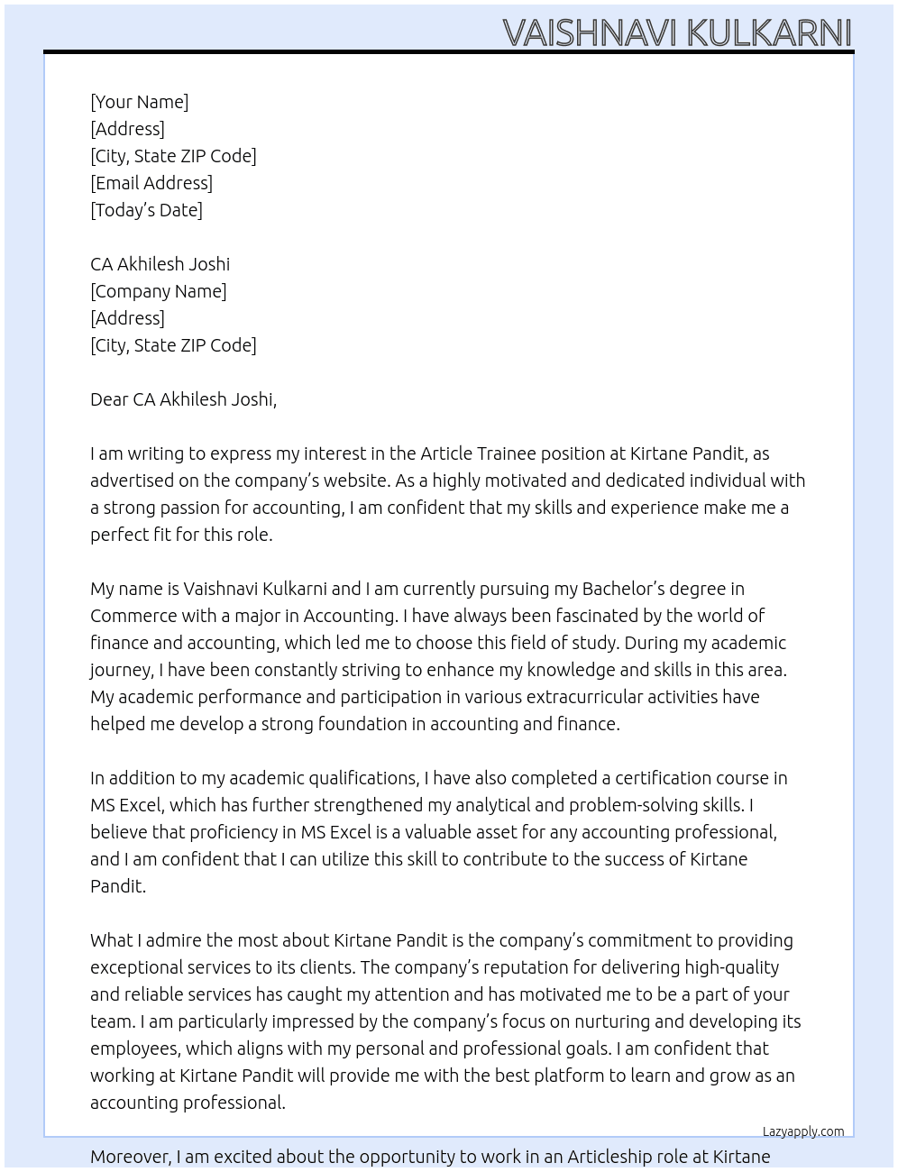 Article trainee At Kirtane pandit Cover Letter