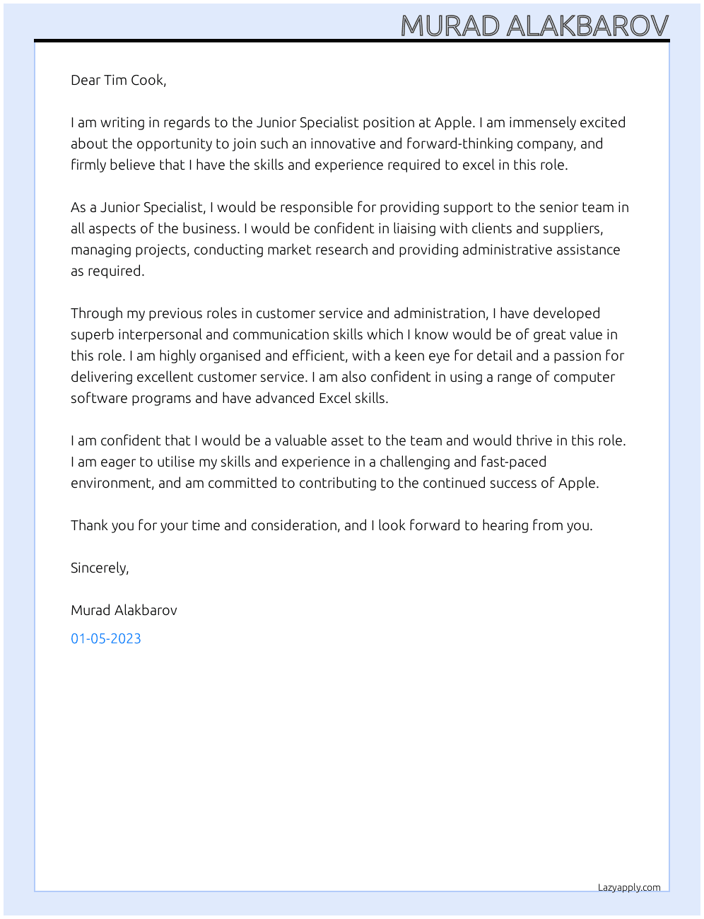 Junior Specialist  At Apple Cover Letter