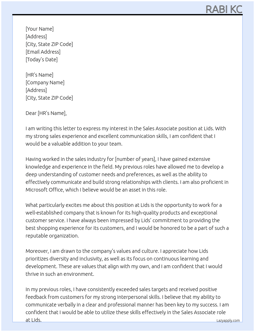 Sales Associate At Lids Cover Letter