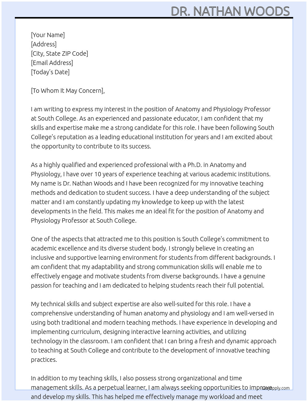 Anatomy and Physiology Professor  At South College  Cover Letter