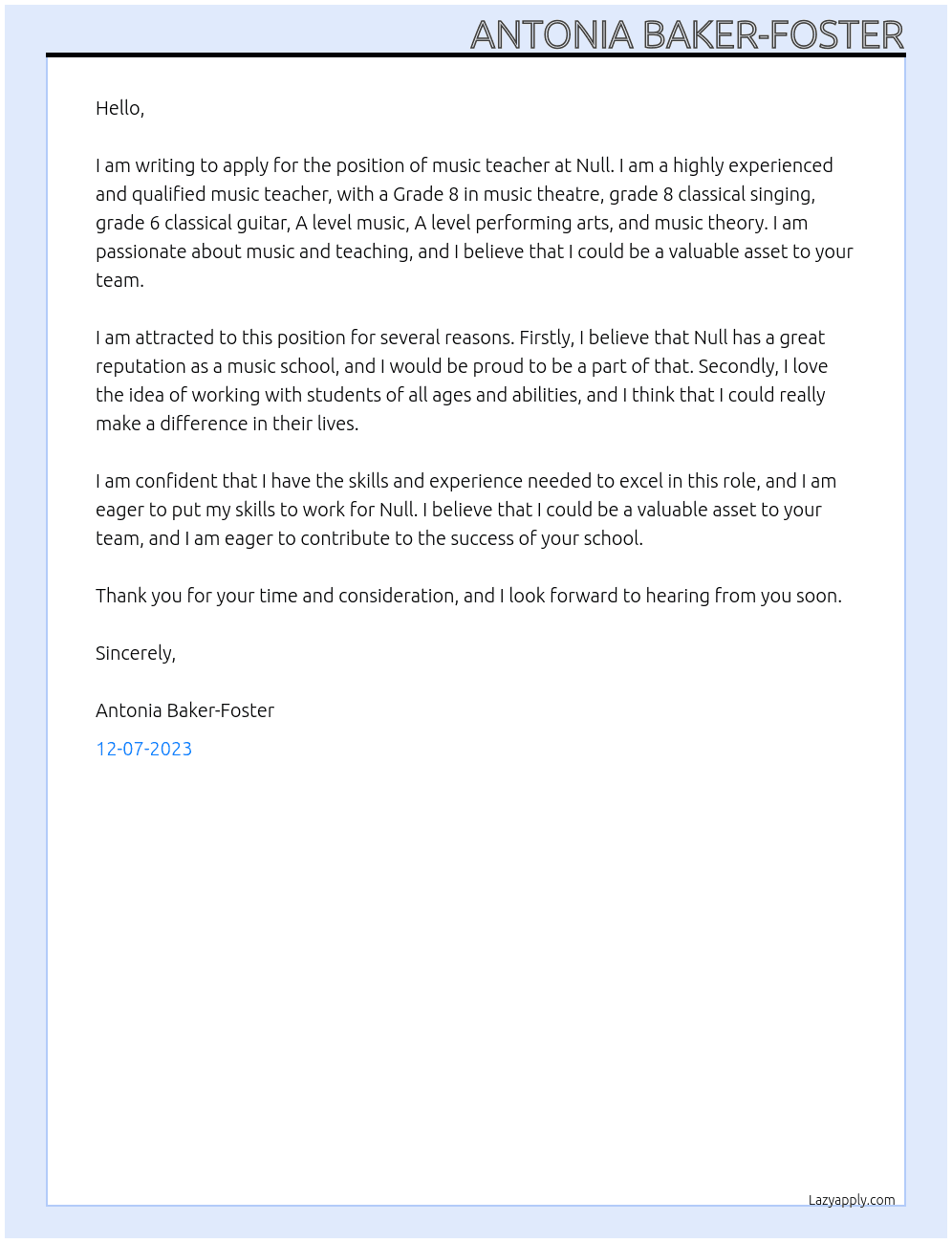 Music teacher At Null Cover Letter
