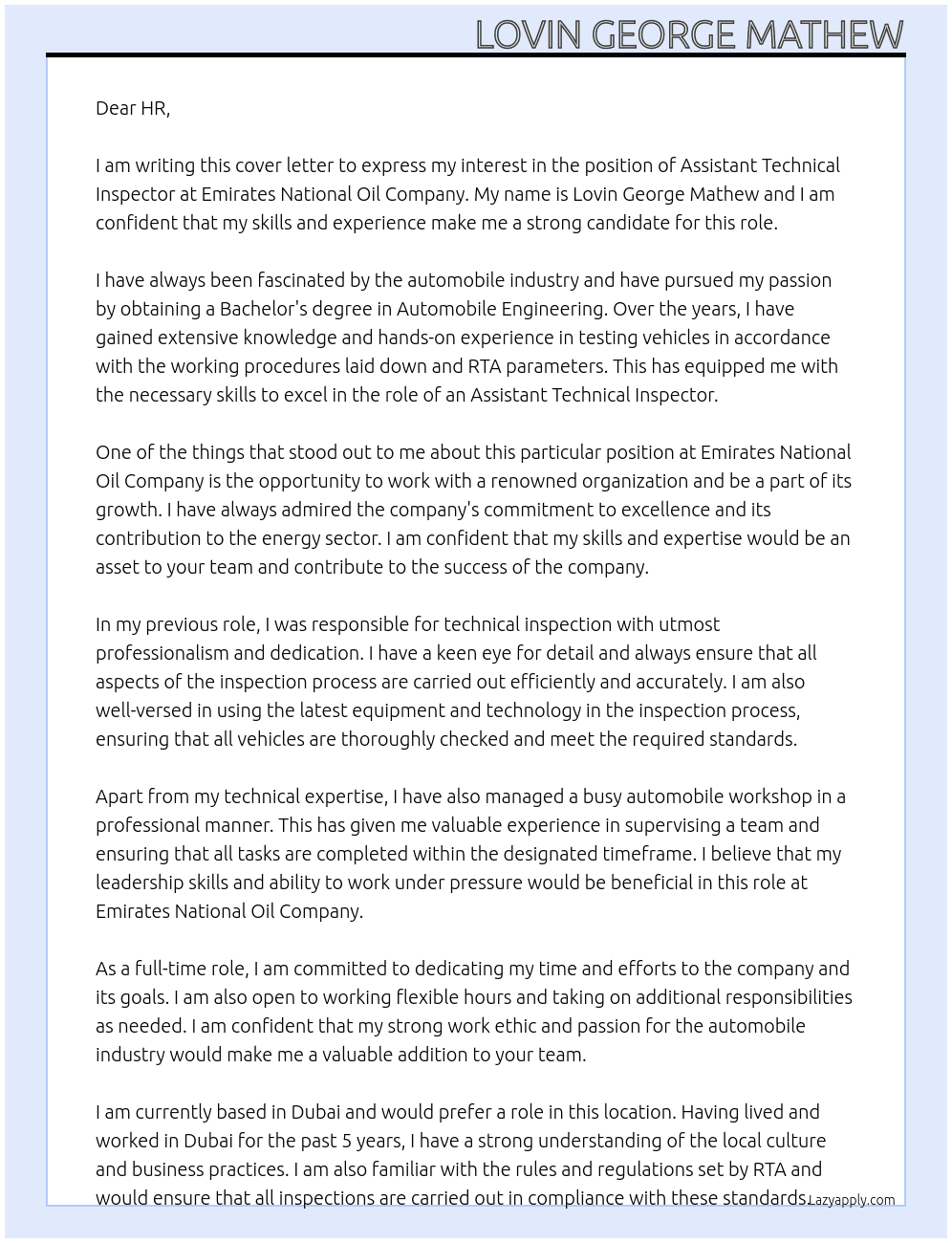 Assistant Technical Inspector At Emirates National Oil Company Cover Letter