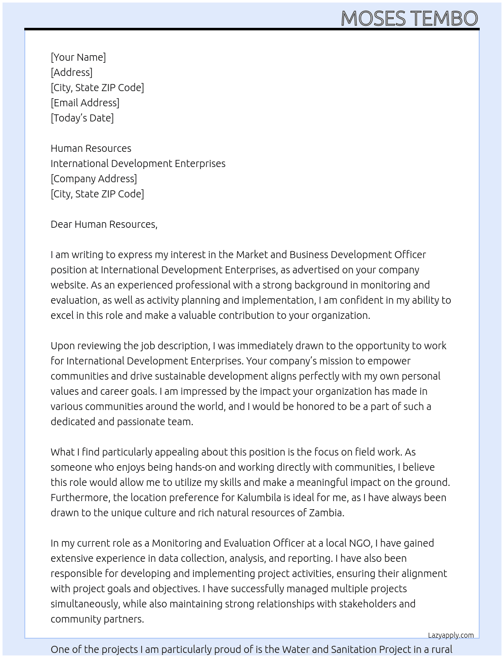 Market and business development officer  At International Development Enterprises Cover Letter