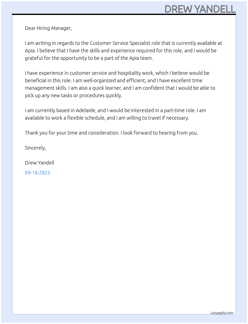 customer service specialist At Apia Cover Letter
